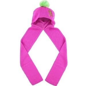 DISNEY PARKS Mickey Mouse Beanie Hat Scarf attached Hot Pink Green Cozy EUC